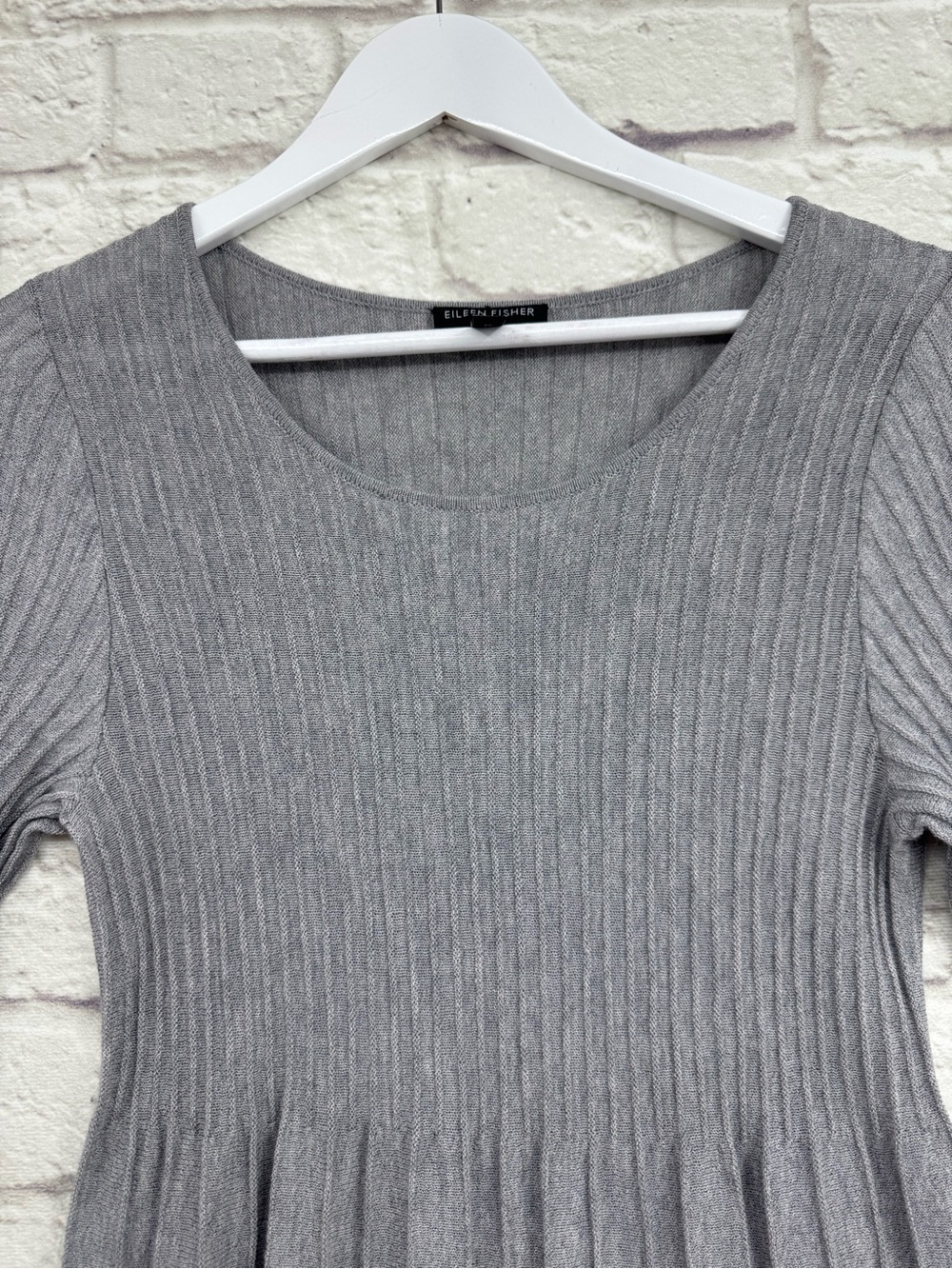 Eileen Fisher Petite M 100% Wool Ribbed Pleated A-Line Dress Gray - Picture 4 of 11